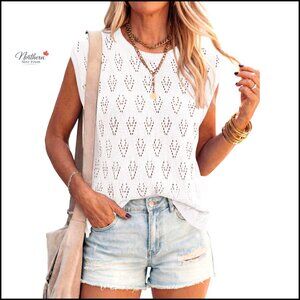 Lightweight Knit Sweater Vest Hollow Out Pullover Cap Sleeve Loose Fit